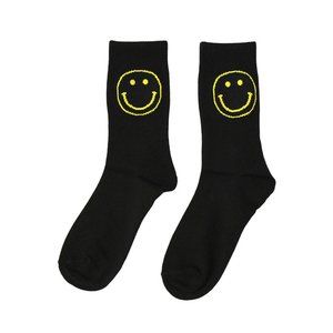 Black Yellow Smiley Face Print Crew Socks - Black/Yellow -DRIKOR
